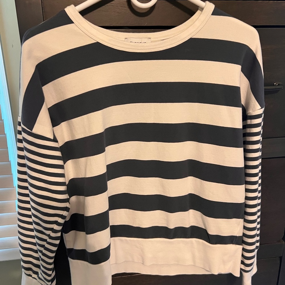 Evereve Gray and Cream Crewneck Sweater with Striped Design